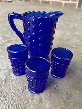 Vintage Mini Cobalt Blue Hobnail Glass Water Pitcher & 3 Tumbler Cups Glasses picture