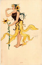 PC ARTIST SIGNED, L'ETÉ, GLAMOUR SUNFLOWER LADY, Vintage Postcard (b50859) picture