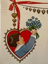 Antique 1920s Ephemera Valentine Greeting Postcard Boy With Posies Girl SEE Pics picture