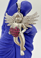 Unique Sterling Silver 925 Cupid Holding Pink Heart Pendant 1.9” picture