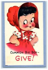 c1930's Cute Little Girl Dress Polka Red Bonnet Comm'on Big Boy Vintage Postcard picture