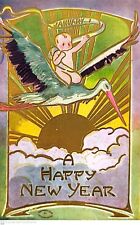 Antique Postcard A Happy New Year Stork Delivers Baby 1908 January 1st Sky Gold picture
