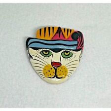 Colorful Vintage Painted Wood Cat Feline Head Brooch Pin picture