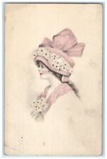1913 Pretty Woman Daisy Flowers Bonnet Lemont Illinois IL Antique Postcard picture