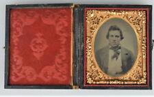 ANTIQUE 1860's 1/9 PLATE AMBROTYPE TINTYPE OF YOUNG MAN IN LEATHER CASE picture