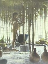 British Guiana Macusi Woman Interior Dwelling - Magic Lantern Glass Slide 1915 picture