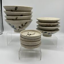 Set of 4 Japanese Rice Bowls W/ Dipping Bowls Wht Clay Pottery Salt Glazed picture