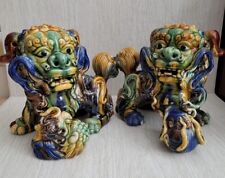 Chinese Shishi Lion Fu Dog Guardian Statues Tang Sancai Egg Spinach Cobalt Glaze picture