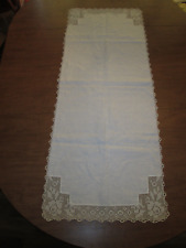 Vintage Hand Crocheted Edge Linen Dresser Scarf / Table Runner 50” X 18”  Ivory picture
