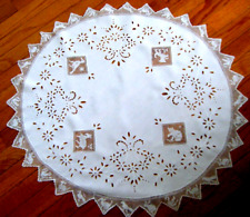 Antique Victorian tablecloth round eyelets embr/ed w filet lace applique inserts picture