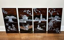 4 Vintage Asian Oriental Mother of Pearl Black Lacquer Wall Art Plaque Panels  picture