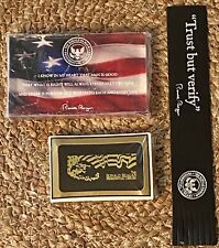 President Reagan Gift Set Sealed Paperweight, Deck Of Cards & Leather Bookmark picture