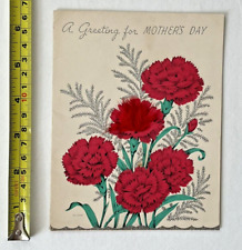 Vintage Mother's Day Card 1950's Carnations Real Feathers Silver Foil picture