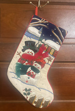 Large Vintage Christmas Stocking 3D Winter Scene Church Snowmen Holly Yarn picture
