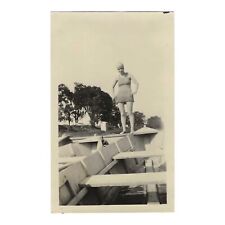 Vintage Snapshot Photo 1920s Woman Hands On Hips Bathing Suit Standing On Boat picture