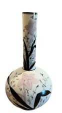 Antique Hand Painted Flowers Bristol Glass Satin Art Bud Vase Enameled 8” picture