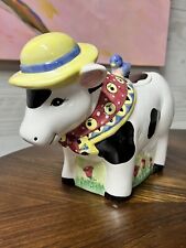Cottagecore Holstein Spotted Dairy Cow In Yellow Hat Blue Bird Cookie Jar By Jay picture