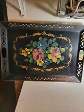 VINTAGE LARGE TOLE TRAY FLORAL HAND PAINTED HANDLES TOLEWARE picture