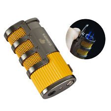 Yellow Windproof Cigar Lighter 3 Torch Metal Jet Flame Pocket Lighters w/ Punch picture