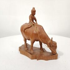 Vintage Carved Wood Man Riding Water Buffalo Sculpture Handmade in Thailand picture