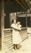 AB67 Vtg Photo WOMAN HOLDING PUPPY DOG c 1930's picture