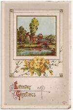 c1915 Birthday Greeting Postcard Mill Bridge Yellow Floral Embossed Litho Unsent picture
