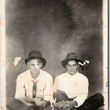 c1910s Unique Handsome Young Men Portrait RPPC Sitting Cross-Legged Rug Hat A213 picture
