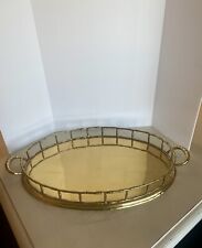 Vtg Large Brass MCM  Bamboo Design  Railed Oval Serving Vanity Tray Heavy picture