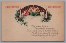 c 1910 Christmas Greetings Antique Postcard Mistletoe Candles Snow Village picture