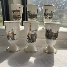Set Of 6 Vintage Freight Train Locomotive Ceramic Irish Coffee Cups Gold Accents picture