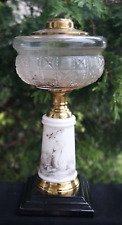 Antique 1870s Beaded Block Pattern Glass Oil Lamp - Painted Milk Glass Stem LOOK picture