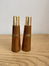 Retro Vintage Wooden Gold Top Salt & Pepper Shakers Stand Mid Century Modern picture