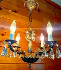 Antique/Vtg 1930's-50's Victorian Spanish/French Brass Crystal Chandelier Light  picture