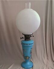 Antique Blue Opaline Hand Painted Oil Lamp picture