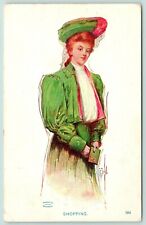St John~Shopping~Lovely Lady Redhead in Green & Pink~White Ruffles~Wallet~1906 picture