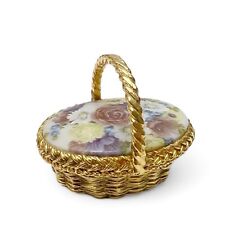 Vintage Max Factor Solid Perfume Metal Flower Basket Empty Compact Trinket Box picture
