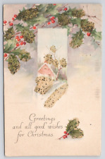Postcard Christmas Greetings Holly and House Embossed & Glitter Posted 1922 picture