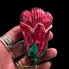 VTG Blown Glass  Clip On RED TULIP GREEN FLOWER Ornament W Germany ESTATE picture