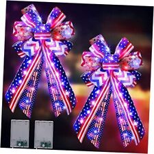 2 Pack Lighted Large Patriotic Bows, 20 x 11 inch Blue Red White Star Burlap  picture