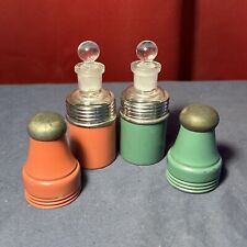 Two Small Vintage Glass Perfume Bottles In Protective Tin Travel Canisters picture