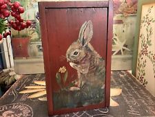 Primitive Box~Hand Painted Brown Rabbit/Bunny/Florals~Brick Red Background~7.75” picture