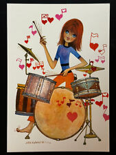 1960s-1970s Big Eyed Mod Girl Drummer Go-Go Teenager Artist Signed Barraguer Vtg picture