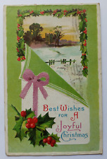 Antique 1910 A Joyful Christmas City River Holly Leaves Embossed Posted Postcard picture