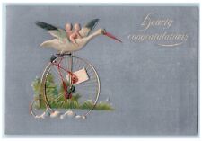 c1910's Hearty Congratulations Stork Babies Bicycle Ride Embossed Postcard picture