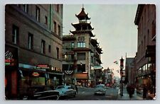 Vintage Postcard Chinatown at Night San Francisco Restaurants Cars People Walk picture