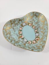 Vintage 1920s Porcelain Heart Shaped Trinket Dish Blue Gold Applied Mini Florals picture