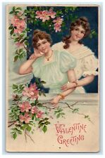 1908 Valentine Greetings Two Beautiful Girls And Pink Pansies Flowers Postcard picture