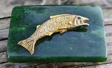 Vintage Handmade Jade Belt Buckle 10k Goldplate Salmon Fish with Jewel Red Eyes  picture