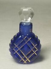 Mini Antique Cobalt Cut Glass Scent Bottle With Long Dauber & Gilded Detail. picture