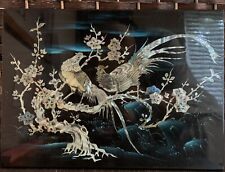 Vtg Asian Lacquer  Wall Hanging Panels  Inlay Mother Of Pearl Peacock Bird picture